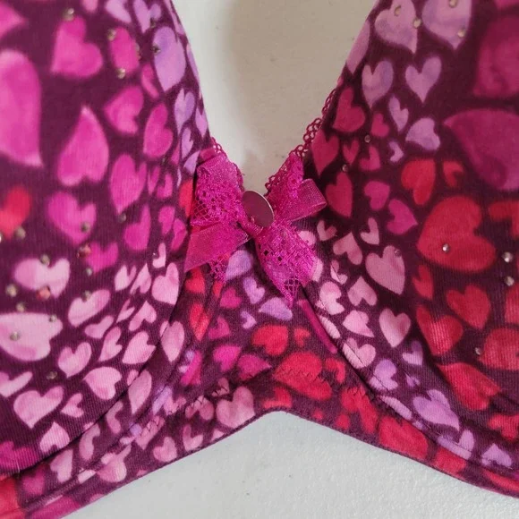 Victorias Secret Underwire Bra Pink Purple Hearts Size 36D Rhinestone Lined 1159 - Picture 3 of 6